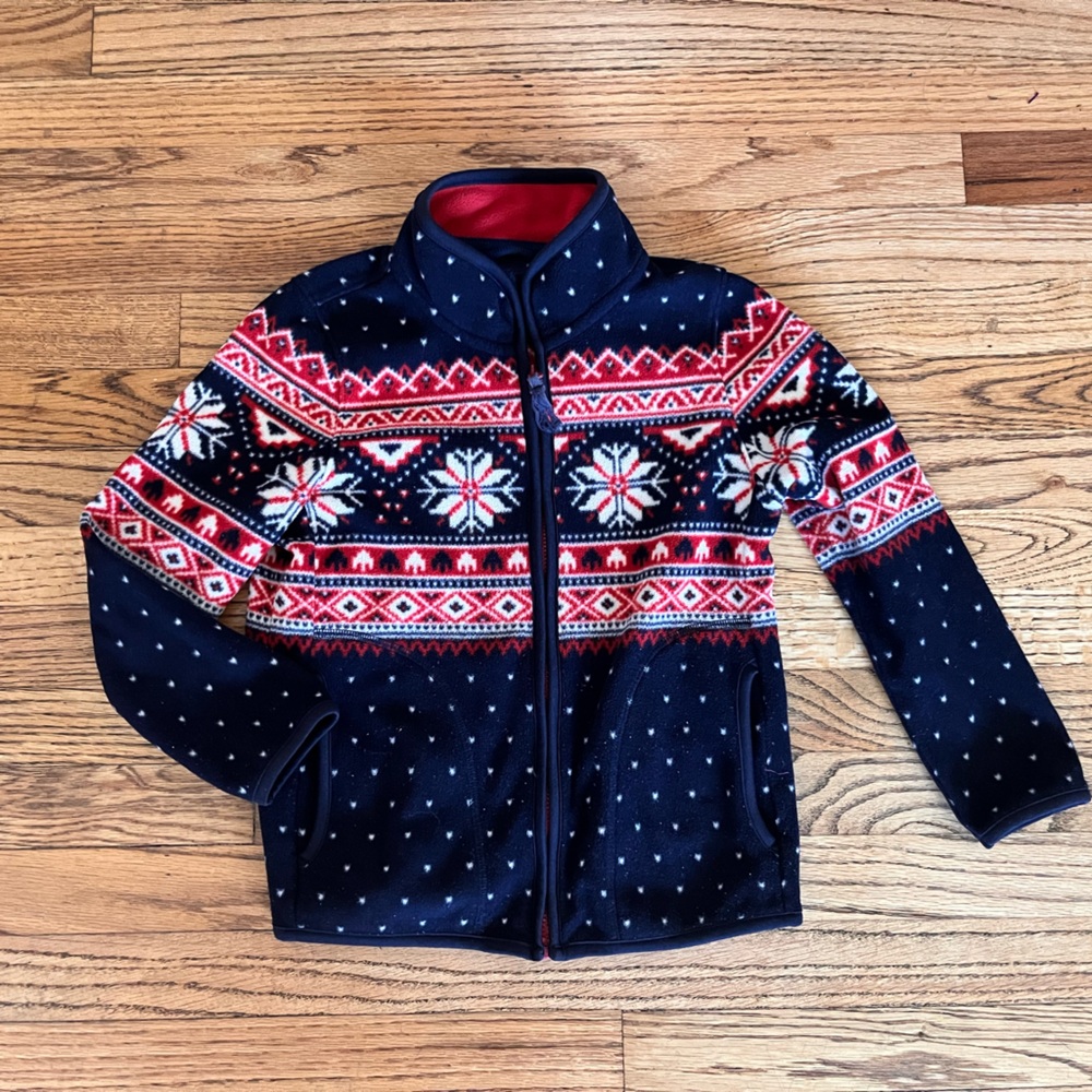 Uniqlo Kids Navy and Red Snowflake Fleece Jacket Sz 5-6